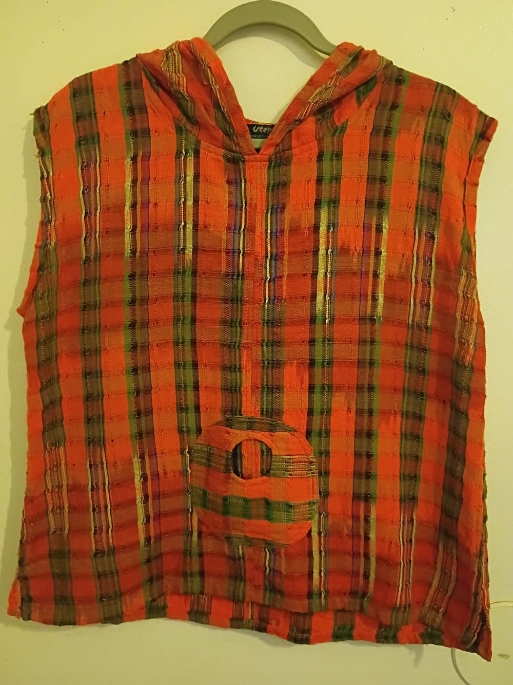 Utzpin Handwoven Orange Plaid Hooded Top Guatemala Sz XL